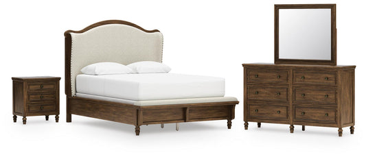 Sturlayne Queen Upholstered Panel Bed, Dresser, Mirror and Nightstand
