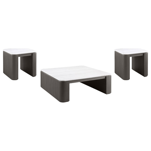 Lior 3-Piece Square Marble Top Coffee and End Table Set Charcoal