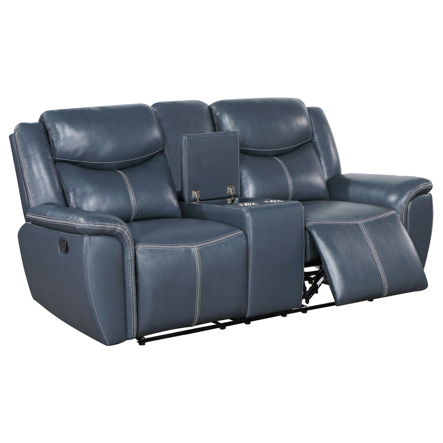 Sloane Upholstered Motion Reclining Loveseat with Console Blue