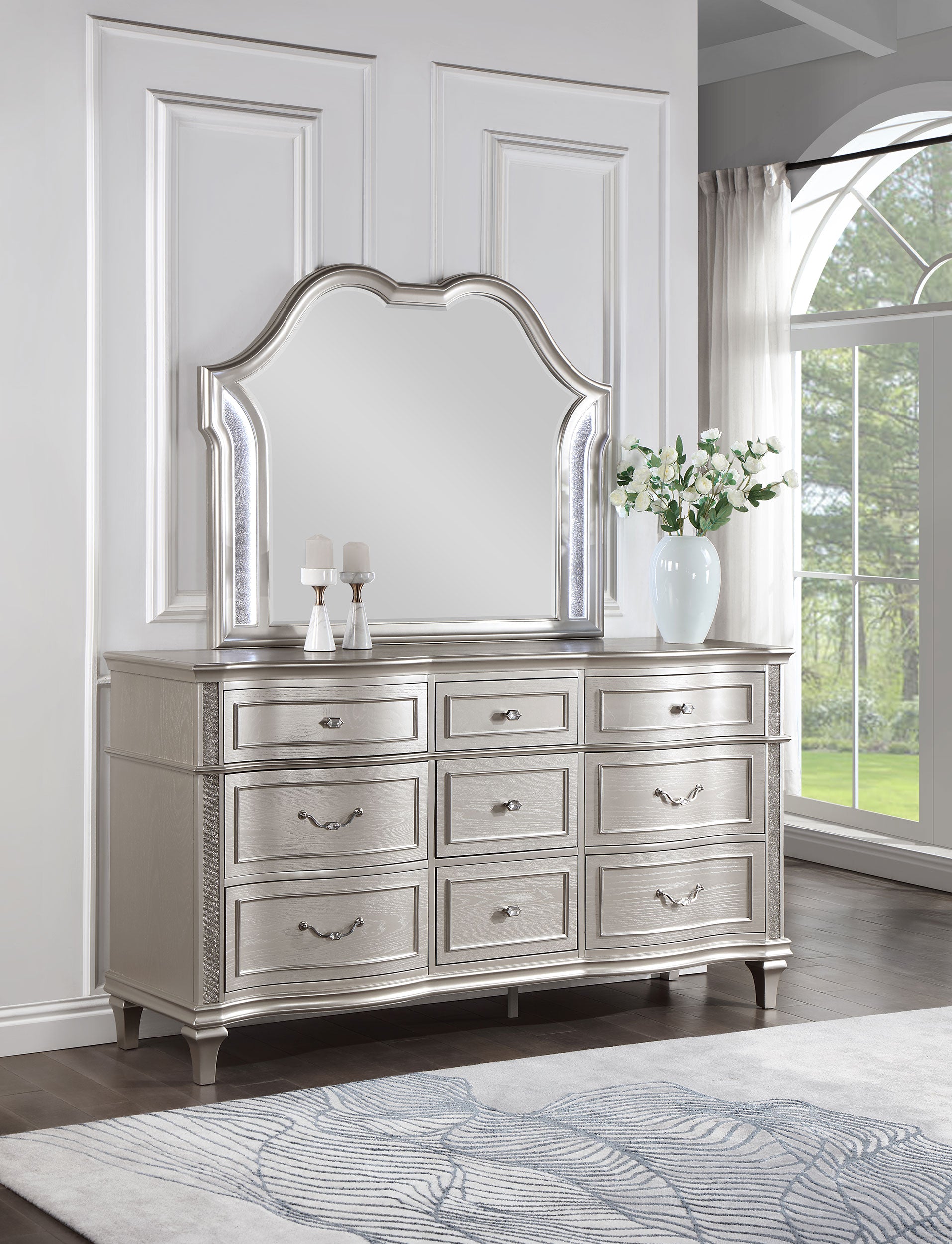 Evangeline - 9-Drawer Dresser with Mirror - Silver Oak Evangeline - 9-Drawer Dresser with Mirror - Silver Oak