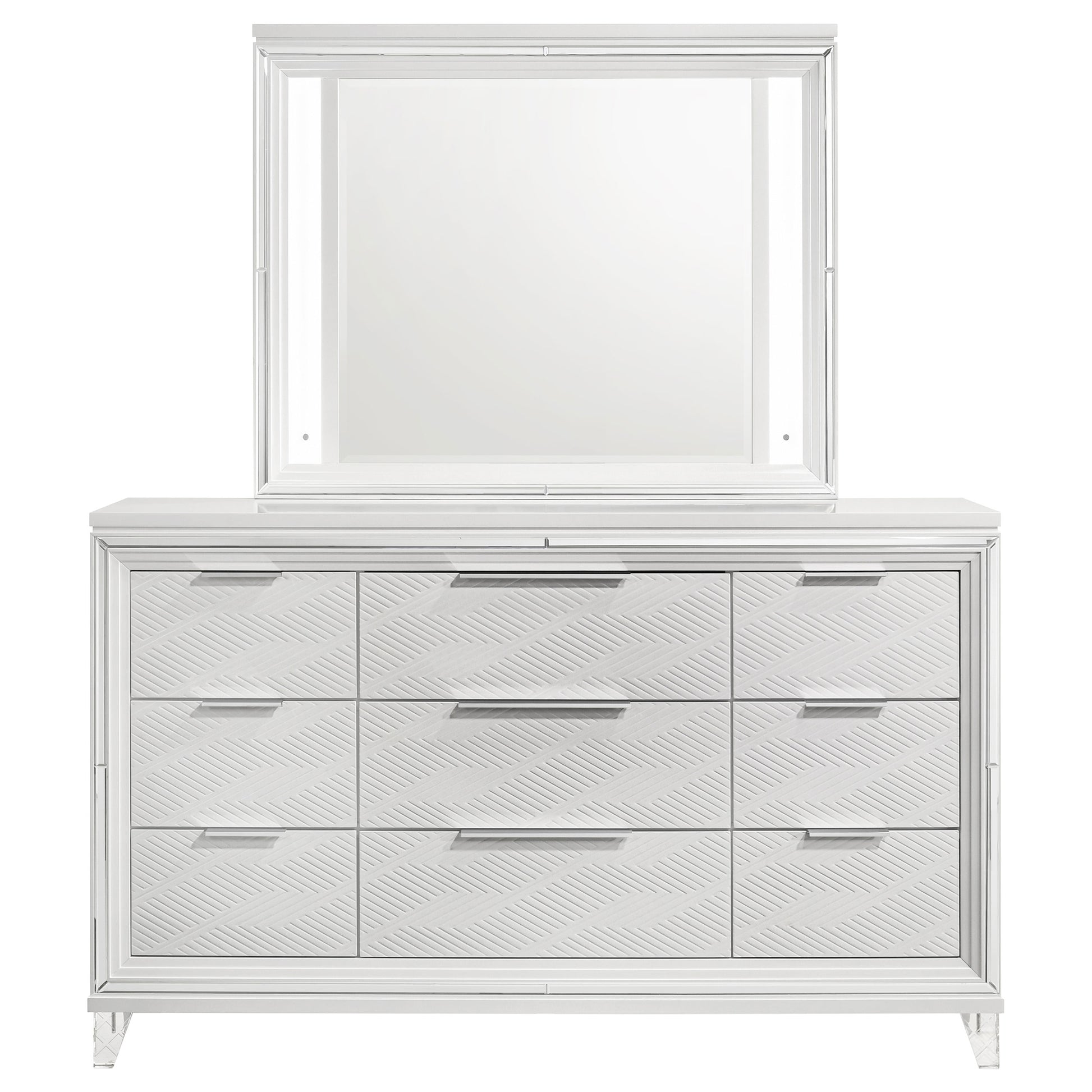 Marmore - 9-Drawer Dresser and LED Mirror - White Marmore - 9-Drawer Dresser and LED Mirror - White