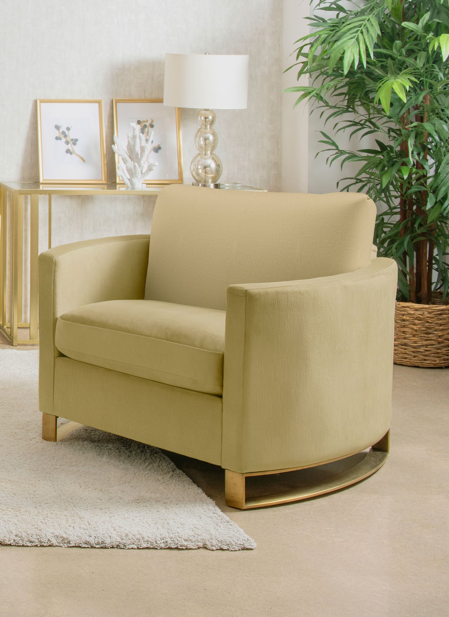 Corliss Upholstered Curved Track Arm Chair Camel