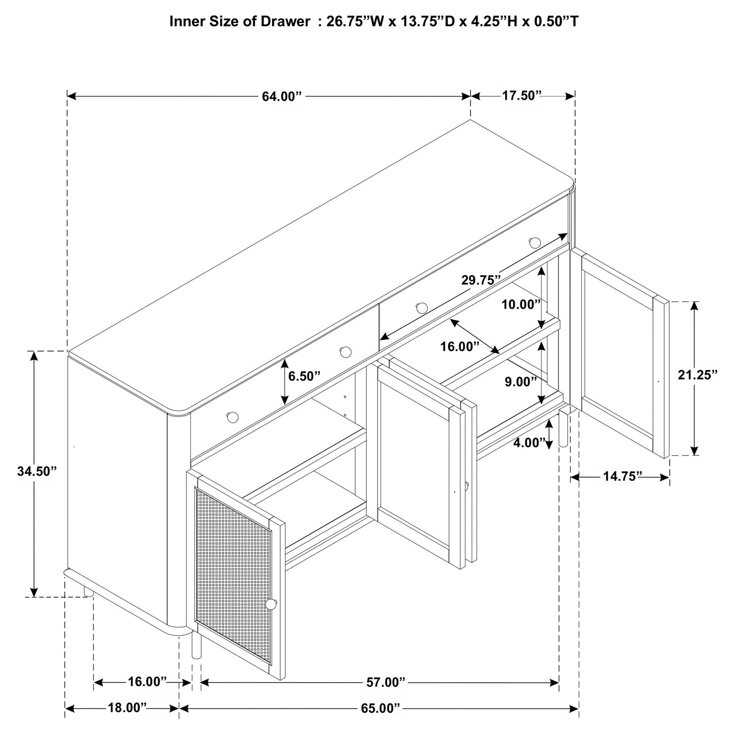Arini 2-drawer Cane Door Dining Sideboard Server Sand Wash