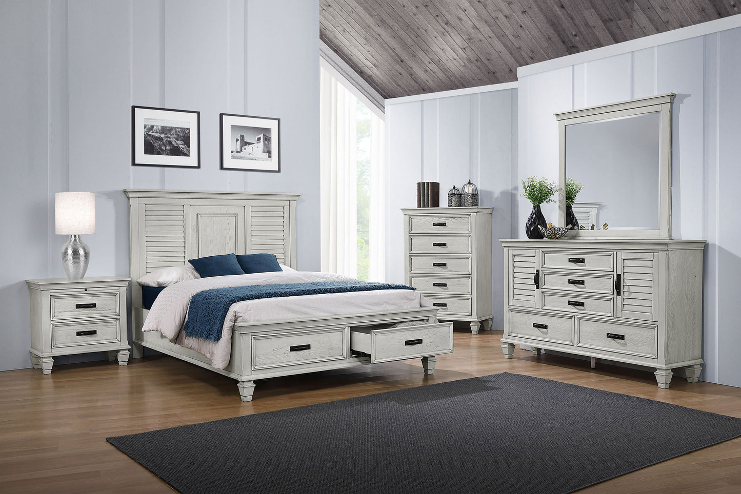 Franco Wood Queen Storage Panel Bed Distressed White
