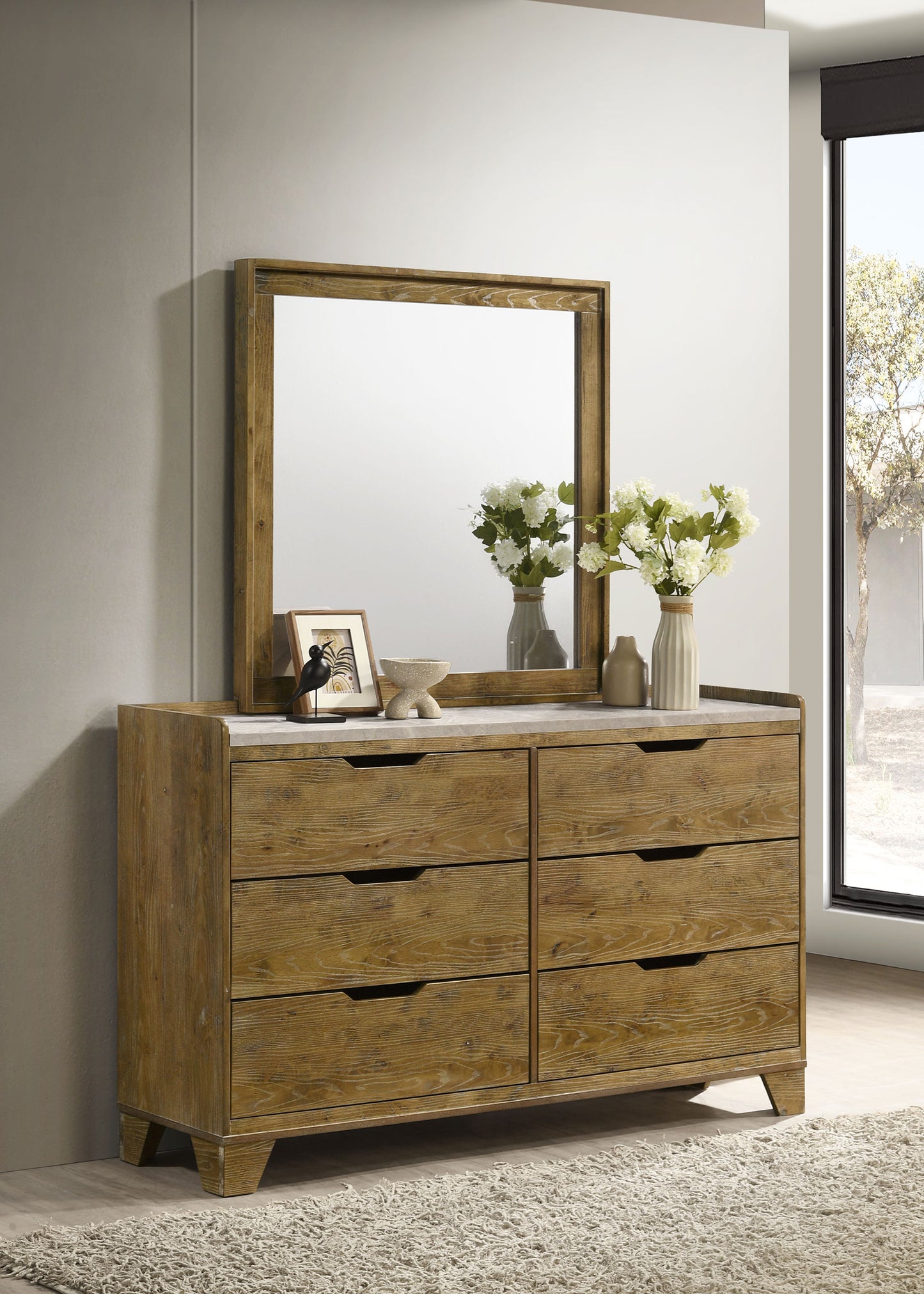 Henderson 6-drawer Bedroom Dresser with Mirror Medium Oak
