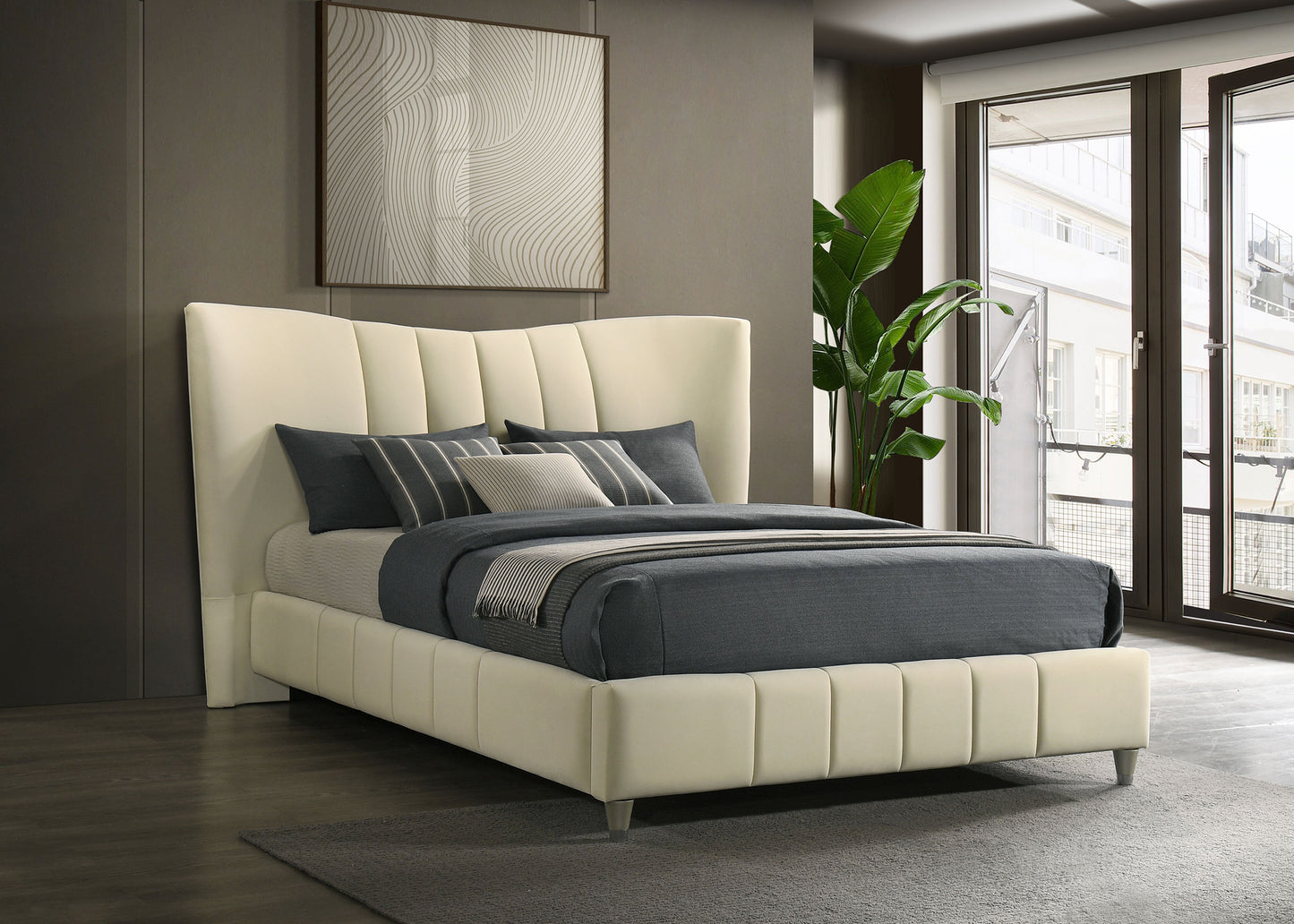 Evelyn Upholstered Queen Panel Platform Bed Ivory
