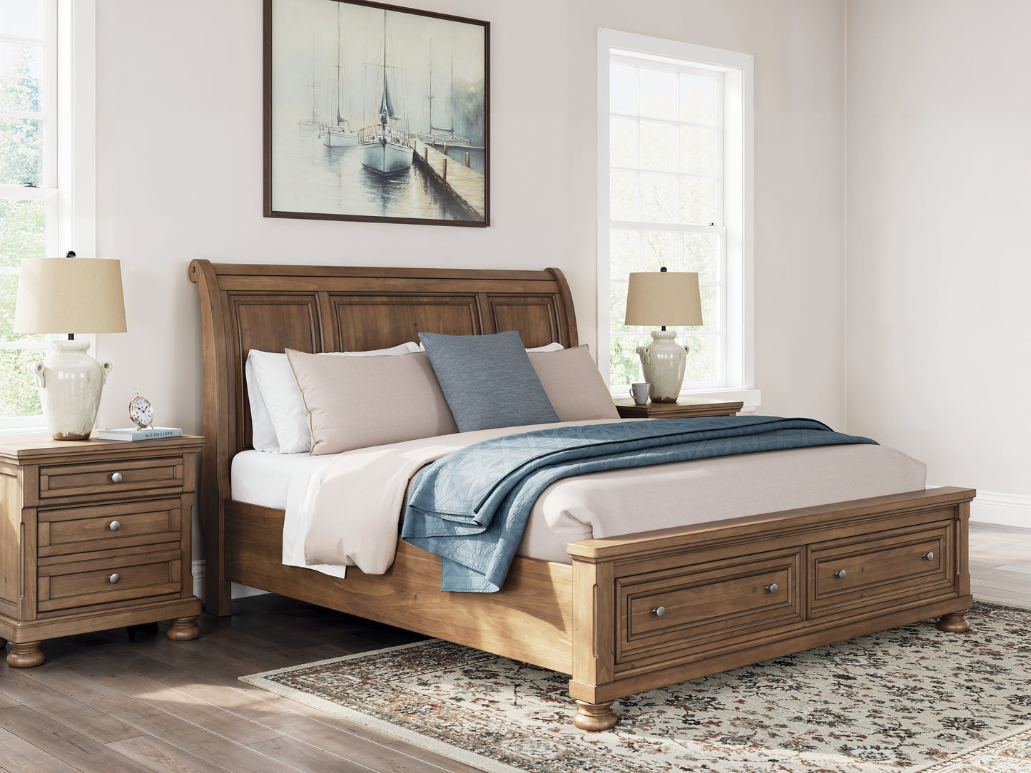 Feddinger King Storage Sleigh Bed with Mirrored Dresser, Chest and Nightstand