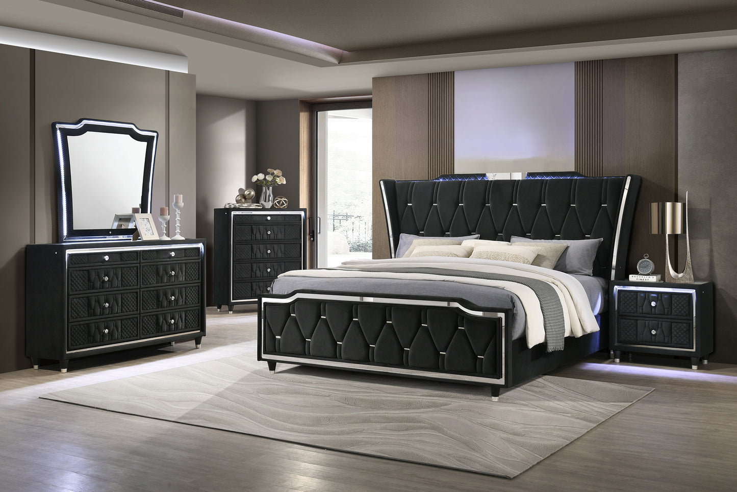 Lorient 8-drawer LED Bedroom Flame Box Dresser Black
