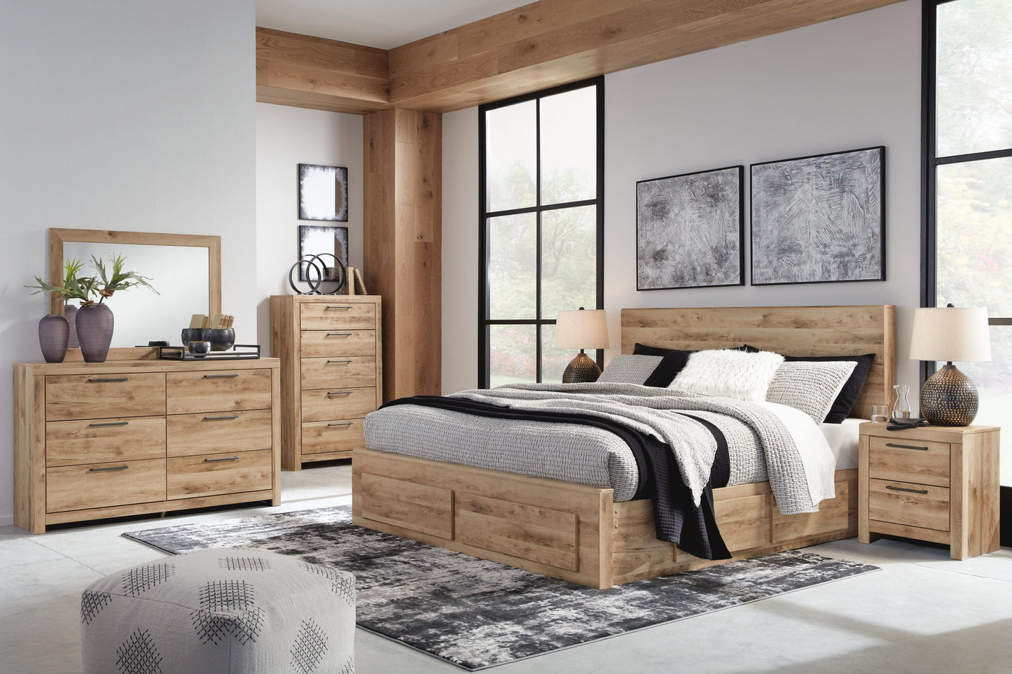 Hyanna King Panel Storage Bed with 2 Under Bed Storage Drawers, Dresser, Mirror and Nightstand