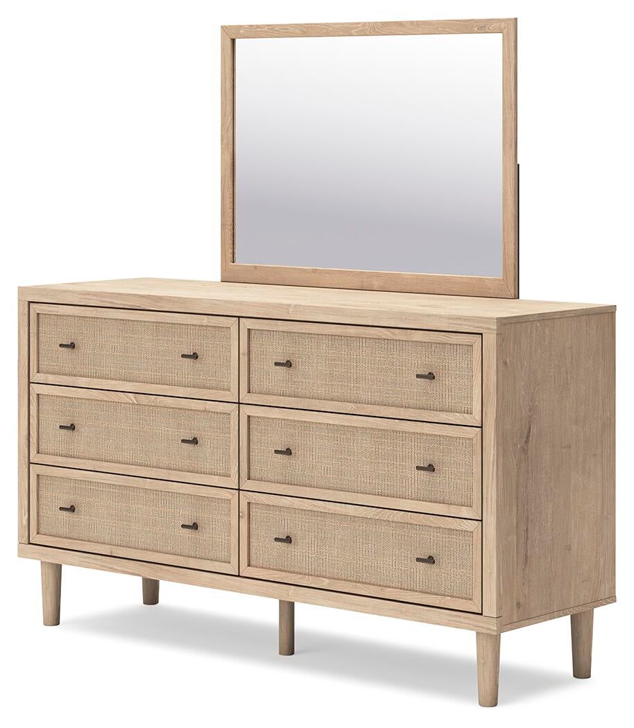 Cielden King Upholstered Bed with Roll Slats, Dresser and Mirror