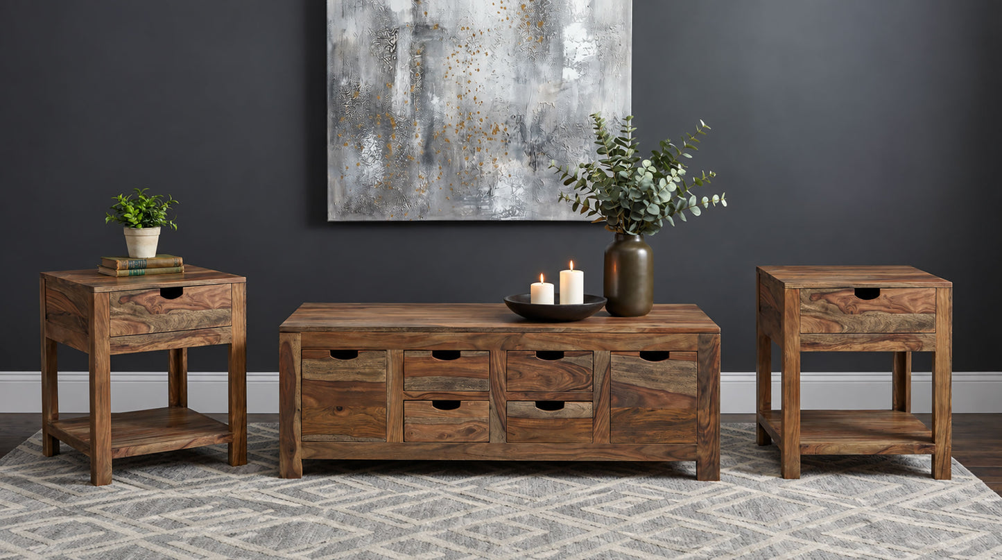Esther 3-Piece Solid Sheesham Coffee and End Table Set Natural
