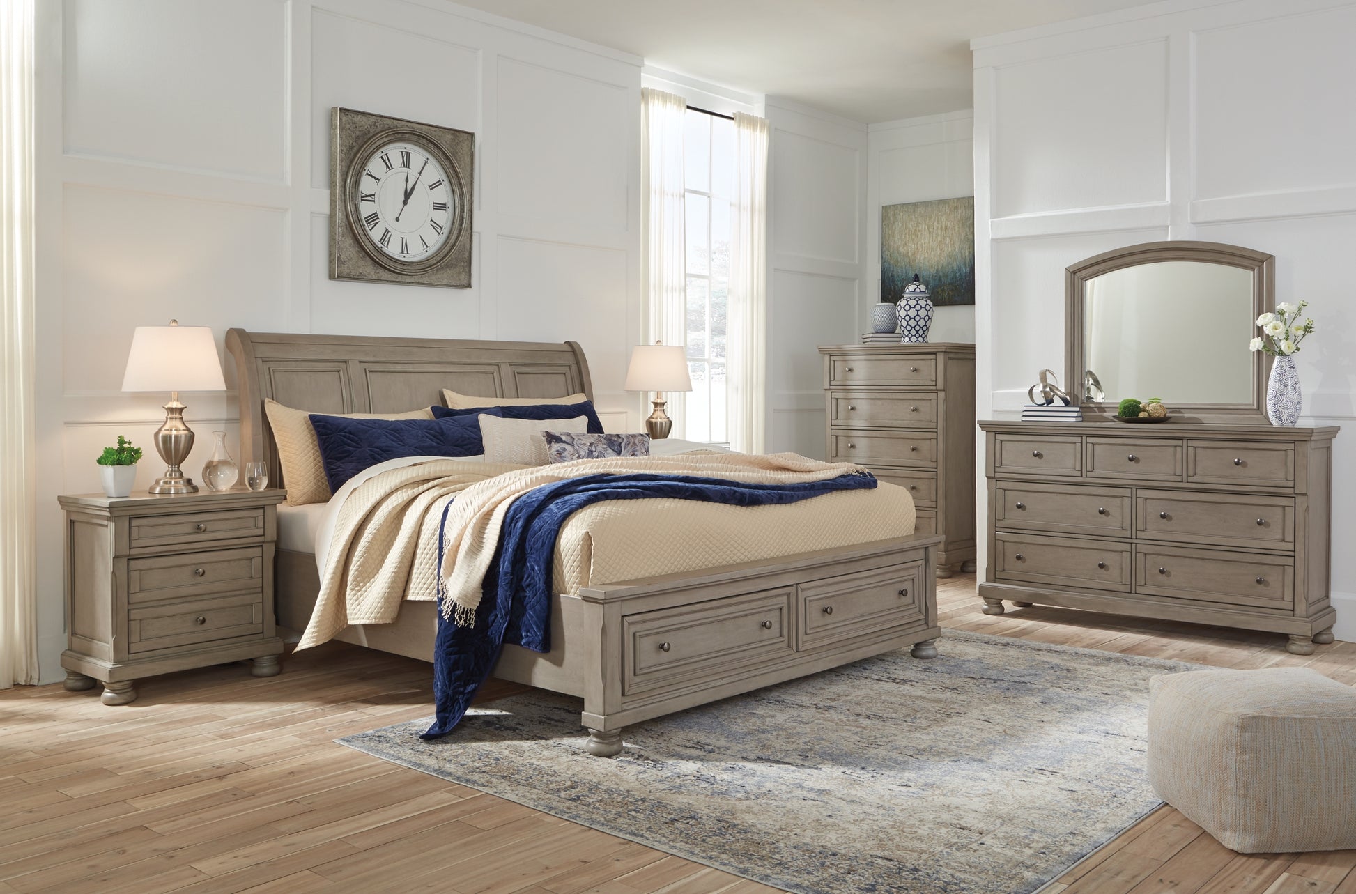 Lettner King Sleigh Bed with 2 Storage Drawers with Mirrored Dresser and 2 Nightstands JB's Furniture  Home Furniture, Home Decor, Furniture Store