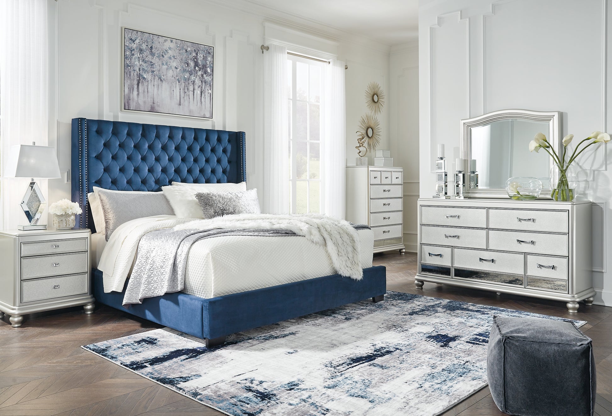 Coralayne California King Upholstered Bed with Mirrored Dresser and Chest JB's Furniture  Home Furniture, Home Decor, Furniture Store