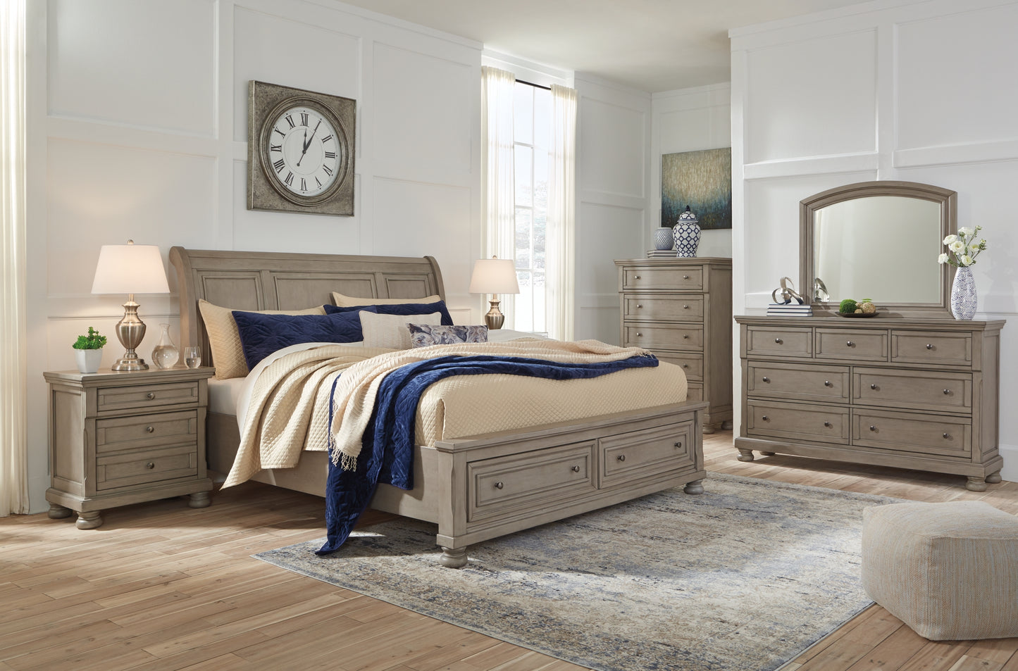 Lettner Queen Sleigh Bed with 2 Storage Drawers with Mirrored Dresser and 2 Nightstands JB's Furniture  Home Furniture, Home Decor, Furniture Store