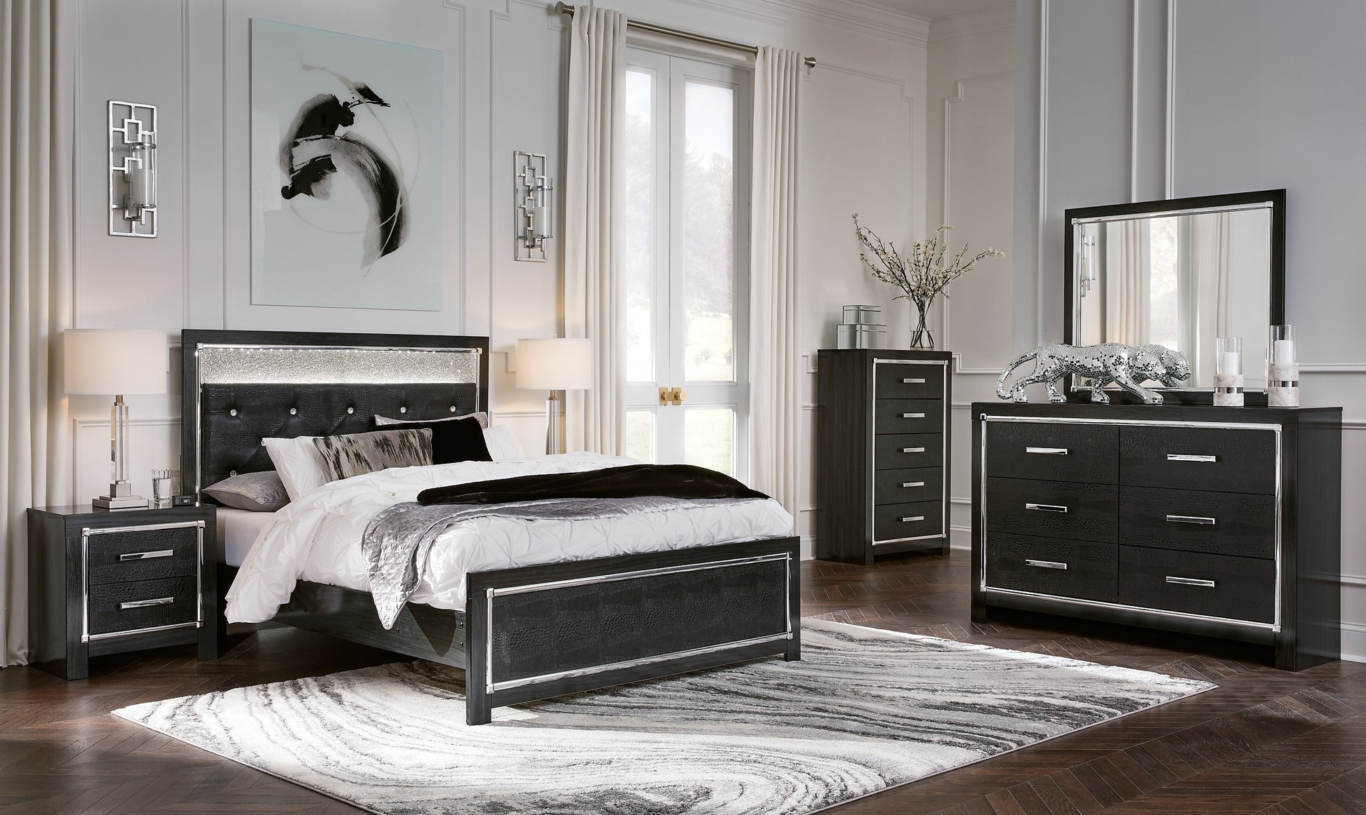 Kaydell Queen Upholstered Panel Bed with Mirrored Dresser, Chest and 2 Nightstands JB's Furniture  Home Furniture, Home Decor, Furniture Store