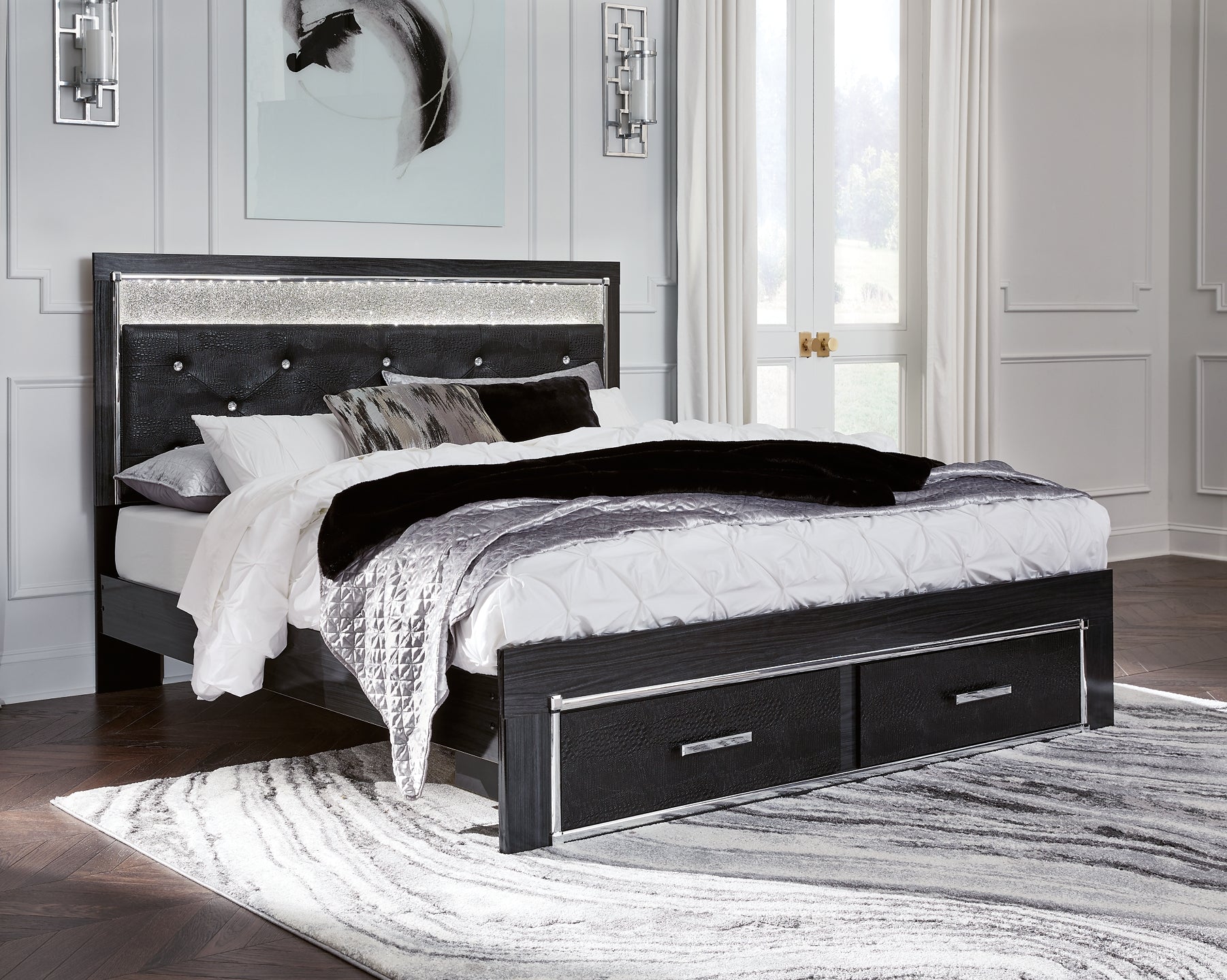 Kaydell King Upholstered Panel Storage Bed with Mirrored Dresser and Chest JB's Furniture  Home Furniture, Home Decor, Furniture Store