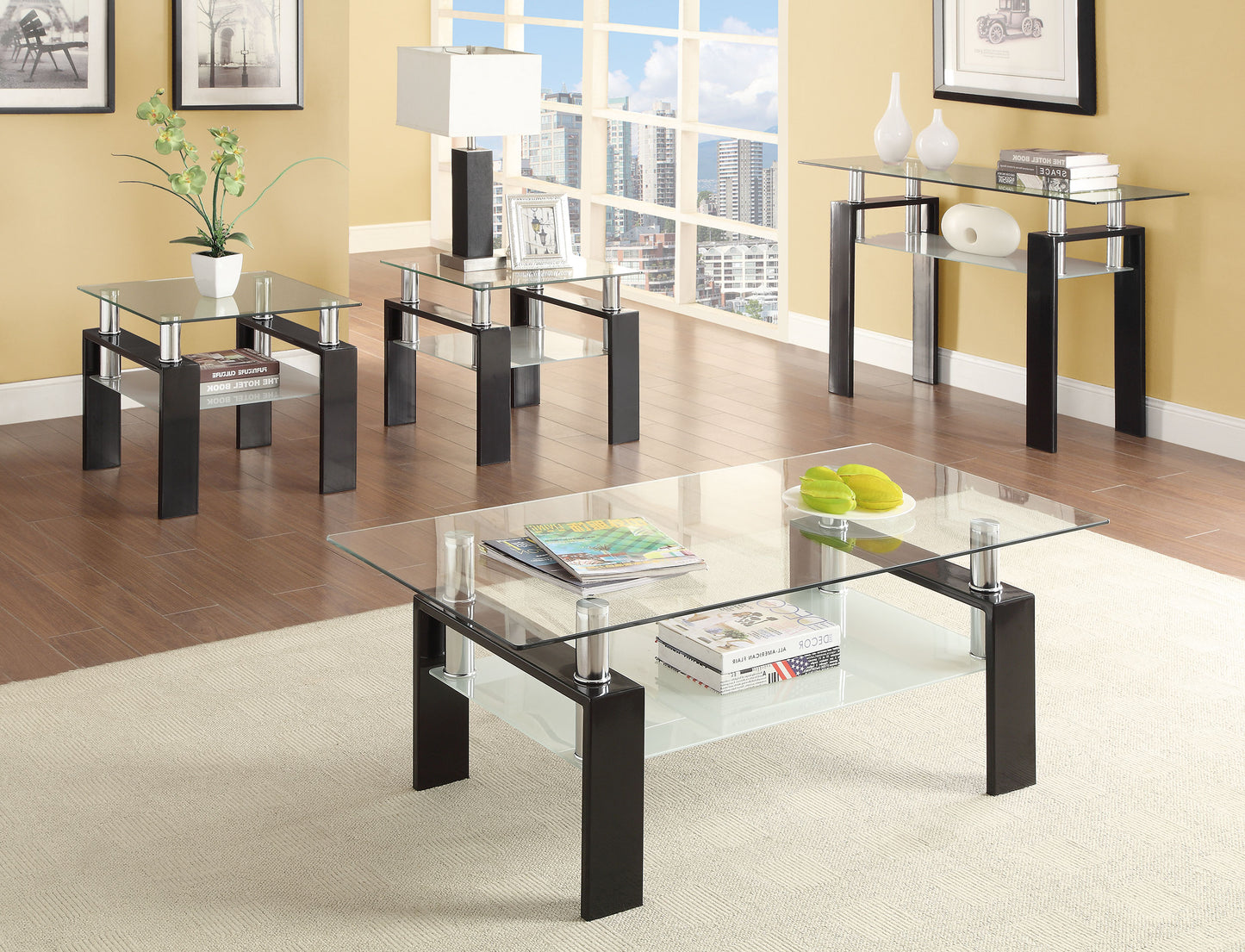 Dyer Tempered Glass Coffee Table with Shelf Black