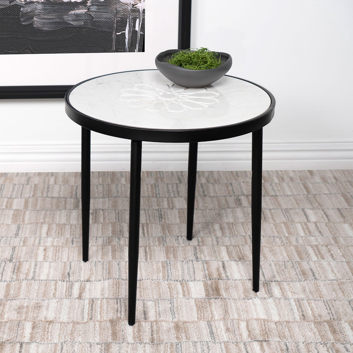 Kofi Round Marble Top Side Table White and Black
