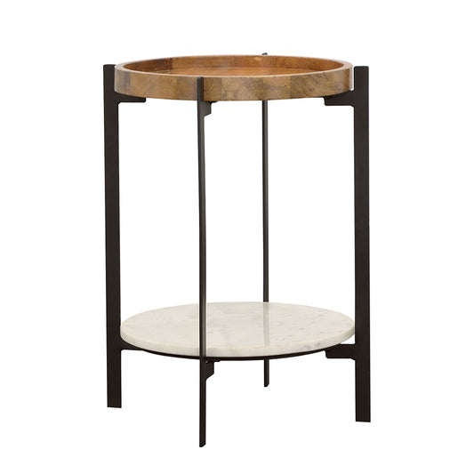 Adhvik Round Side Table with Marble Shelf Natural and Black
